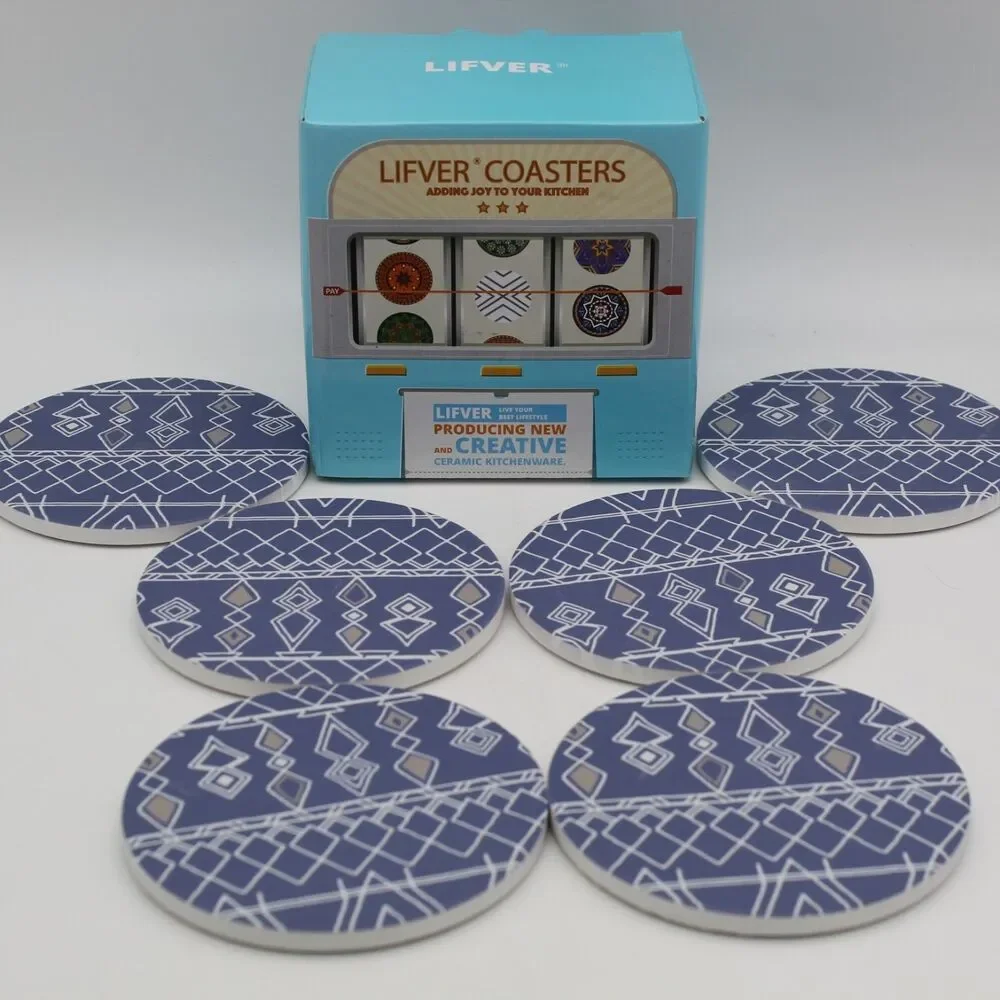 Absorbent Drink Ceramic Coasters Set of 6 w/Cork Back Varying Blue Bohemian